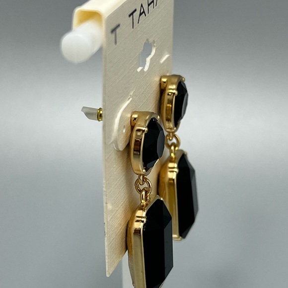 T. Tahari Black Glass & Gold Tone Drop Earrings. NWT - Picture 2 of 5